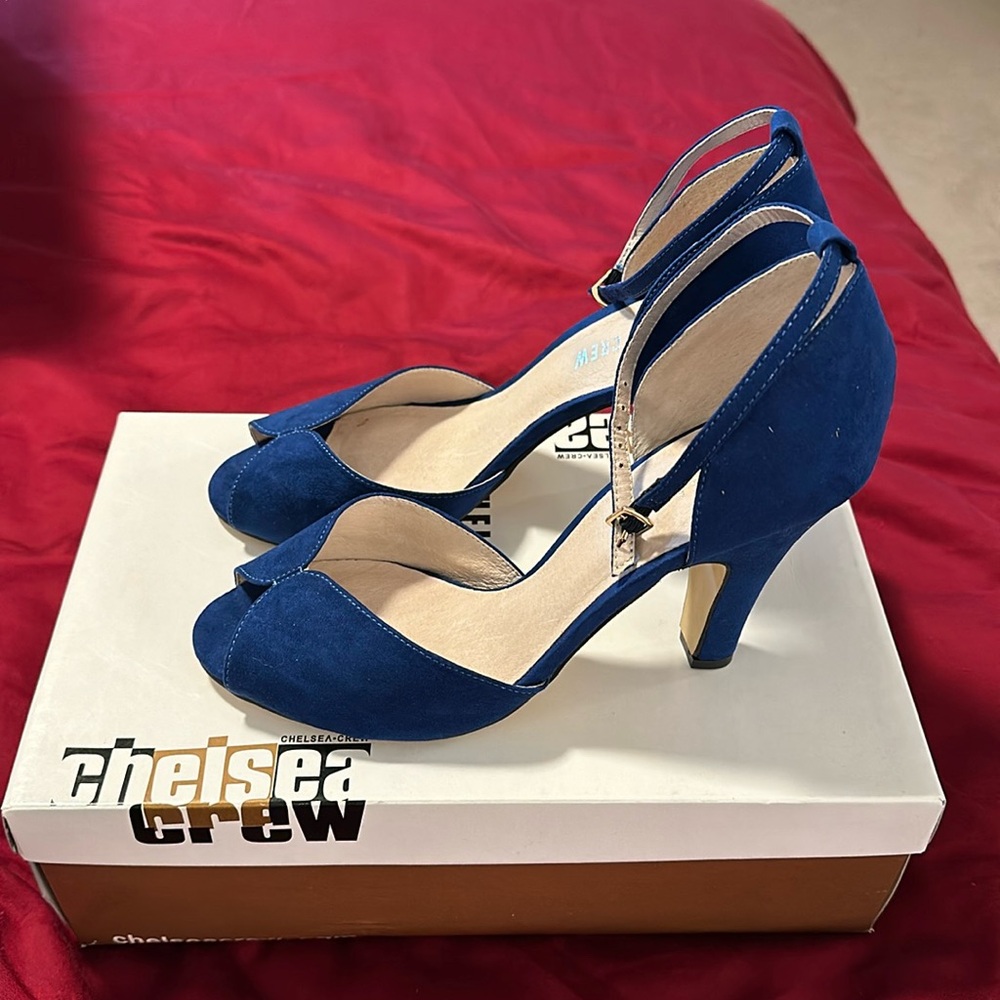 Chelsea Crew cobalt blue microsuede heels, worn once, like new.